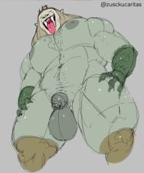 5:6 adventure_time anthro avian_feet balls big_balls big_ears blue_eyes body_hair cartoon_network chest_hair chimera crown felid foreskin genitals grey_background guide_lines half-length_portrait headgear humanoid humanoid_face lion male male/male mammal mane muscular pantherine penis portrait scalie_arms signature simple_background smile smiling_at_viewer solo standing teeth_showing tight_foreskin tongue tongue_out vampire vampire_king zusckucaritas