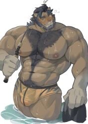 5_fingers abs absurd_res anthro areola barazoku biceps big_muscles black_eyebrows black_hair body_hair bulge clothed clothing colored detailed_bulge digital_drawing_(artwork) digital_media_(artwork) eyebrows felid feline fingers genital_outline hair hi_res holding_object huge_muscles male male_anthro mammal muscular muscular_male navel nipples partially_submerged pecs penis_outline pink_areola pink_nipples pink_nose pinup pose purple_eyes shaded short_hair simple_background soramarururruu underwear underwear_only wet wet_body wet_clothing wet_underwear white_background
