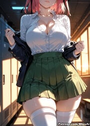 1girl ai_assisted ai_generated bangs black_jacket blazer blush breasts buttons cleavage collarbone collared_shirt curvaceous curvy curvy_female curvy_figure dress_shirt female go-toubun_no_hanayome green_skirt indoors jacket large_breasts long_sleeves miniskirt miyuai nakano_nino open_jacket partially_unbuttoned pink_hair pleated_skirt quintessential_quintuplets school_uniform see-through shirt skindentation skirt solo standing sweat thick thick_ass thick_butt thick_hips thick_legs thick_thighs thighhighs thighs voluptuous voluptuous_female white_legwear white_shirt wide_hips wide_thighs zettai_ryouiki