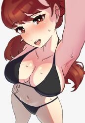1girl arm_up armpit bikini black_bikini blush breasts dynamic_angle female from_above kasumi_yoshizawa large_breasts looking_at_viewer no_background persona persona_5 smile solo sumire_yoshizawa upper_teeth white_background