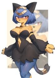 1girl animal_ears animal_hands animal_nose arm_strap artist_name black_dress blue_hair breasts cat_ears cat_girl cat_tail claws cleavage clothing_cutout commentary detached_sleeves diamond_cutout dress english_commentary fangs furry furry_female gold_choker hair_ornament highres large_breasts linea_alba low_neckline navel navel_cutout palworld pocketpair ravma red_eyes sekhmet_(pal) slit_pupils snout solo strapless strapless_dress tail tail_ornament tail_ring yellow_fur