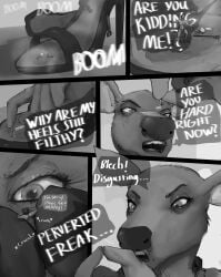 2026 absurd_res angry anthro begging between_fingers blood bodily_fluids cleaning clothing comic crush death deer deer_mom_(gygjar) dialogue duo english_text extreme_size_difference female footwear gygjar hi_res high_heeled_sandals high_heels larger_female male mammal mature_anthro mature_female micro micro_abuse micro_male sandals scared scaroused shoes size_difference spot_color text