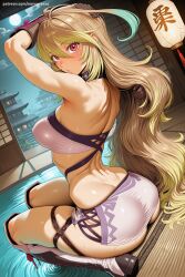 1girl ahoge ai_generated ass blonde_hair blush breasts dark_skin hi_res high_quality high_resolution large_breasts long_hair looking_at_viewer looking_back milla_maxwell patreon red_eyes savvyraexo seductive sexy sitting solo tales_of_(series) uncensored watermark