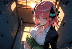 1girl ai_assisted ai_generated bangs black_ribbon blue_eyes blunt_bangs blush bra breasts cleavage closed_mouth collarbone collared_shirt curvaceous curvy curvy_female curvy_figure door eyebrows_visible_through_hair female go-toubun_no_hanayome green_skirt hair_ornament hair_ribbon indoors jacket large_breasts leaning_forward locker long_sleeves looking_at_viewer miyuai nakano_nino pink_hair pleated_skirt quintessential_quintuplets ribbon school_uniform shirt short_hair skirt smile solo thick thick_ass thick_butt thick_hips thick_legs thick_thighs thighhighs two_side_up voluptuous voluptuous_female white_shirt wide_hips wide_thighs