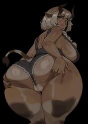 ass ass_bigger_than_head ass_focus ass_grab blondie cow_ears cow_girl cow_horns curemone dark-skinned_female green_eyes gyaru original_character overalls pussy_focus pussy_peek