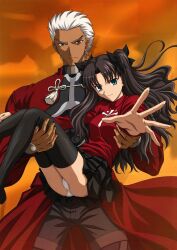 1boy 1girl archer_(fate) ass black_hair black_skirt black_thighhighs blue_eyes brown_eyes brown_skin coat fate/stay_night fate/unlimited_blade_works hair_ribbon highres long_hair long_sleeves miniskirt official_art panties pantyshot pleated_skirt red_sweater rin_tohsaka short_hair takeuchi_takashi thighhighs twintails upscaled white_hair white_panties