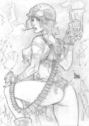 1girls ass big_ass big_breasts breasts cigarette female gun marcio_fernandes nipple_bulge rebecca_buck smoking solo tank_girl traditional_media_(artwork)