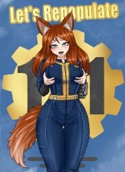 1girl 1girls ahe_gao ahegao ahegao_face black_fingernails clothed dressed fallout fallout_(series) fallout_4 female female_only fox fox_ears fox_girl fox_tail fully_dressed ginger ginger_hair grabbing_breasts grabbing_own_breast green_eyes pip-boy poster tongue_out vault_111 vault_dweller vault_girl vault_suit vault_tec