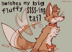 2026 anthro balls biped blush brown_body brown_fur canid canine canis cantio_(lawyerdog) chest_tuft collar collar_only countershade_torso countershading coyote deltarune digital_media_(artwork) ear_twitch english_text erection fur genitals humanoid_genitalia humanoid_penis lawyerdog male male_anthro mammal multicolored_body multicolored_fur nude penis smile solo tail tail_motion tailwag tan_body tan_fur text tuft undertale_(series) white_body white_fur