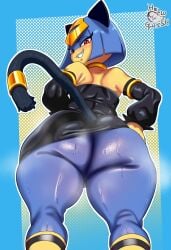 2026 absurd_res anthro armwear big_butt biped black_armwear black_clothing black_ears black_tail blue_body blue_fur blue_hair bodily_fluids butt clothed clothed_anthro clothed_female clothing female female_anthro fur hair helloguish hi_res looking_at_viewer looking_back looking_back_at_viewer multicolored_body multicolored_fur musk pal_(species) palworld pocketpair rear_view red_eyes sekhmet_(pal) smile solo standing sweat sweatdrop sweaty_butt tail teeth thick_thighs wide_hips yellow_body yellow_fur