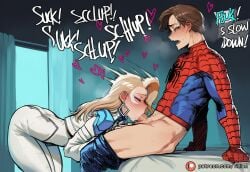 1boy 1girl ai_generated blonde_hair blue_bodysuit blush bodysuit brown_hair closed_eyes clothes_pull dagger_(marvel) dagger_(marvel_rivals) english_text fellatio heart hetero long_hair marvel marvel_rivals open_mouth oral pants_pull patreon_username penis red_bodysuit spider-man spiderman tillian uncensored
