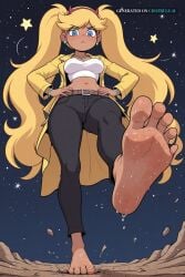 1girl ai_assisted ai_generated barefeet belt big_feet black_pants blonde_hair blue_eyes dark_skin dirty_feet from_below full_body hairband hands_on_hips horns jewelry long_hair long_sleeves long_toes looking_at_viewer medium_breasts navel outlines presenting_foot running skirt sole_focus solo standing standing_on_one_leg star star_butterfly star_vs_the_forces_of_evil stinky_feet sweaty_feet twintails yellow_jacket
