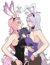 4girls absurdres acheron_(honkai:_star_rail) animal_ears armpits arms_at_sides bare_arms bare_shoulders between_breasts big_breasts black_hair black_swan_(honkai:_star_rail) blush bow bowtie braid breast_press breasts bunnysuit character_doll chibi closed_eyes closed_mouth commentary cosplay cyrene_(honkai:_star_rail) detached_collar doll english_commentary english_text enjoying eyewear_on_head face-to-face fake_animal_ears fake_tail fingernails food_in_mouth grey_hair hair_over_one_eye hairband half-closed_eye hand_on_own_hip heart highres honkai:_star_rail honkai_(series) honkai_impact_3rd horns huge_breasts imminent_sex large_breasts leotard long_hair looking_at_viewer multiple_girls nail_polish pantyhose pink_background pink_hair playboy_bunny rabbit_ears rabbit_tail raiden_mei raiden_mei_(herrscher_of_thunder) red_horns sandwiched short_hair sideboob silver_hair simple_background smile smirk strapless strapless_leotard sweat symmetrical_docking tail twitter_username very_long_hair wrist_cuffs yuri zanqi