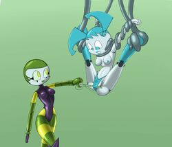 2girls bondage gynoid jenny_wakeman multiple_girls my_life_as_a_teenage_robot no_bra panties smooth_skin tagme topless velenor xj-9 yuri