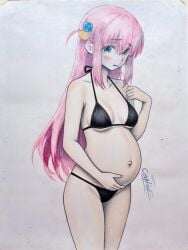1girls ai_edit black_micro_bikini bocchi_the_rock! edit edited female female_focus female_only gotou_hitori hand_on_belly looking_at_viewer micro_bikini pregnant pregnant_belly