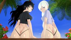 2girls ass ass_focus black_hair black_hair_female blake_belladonna blue_eyes half-dressed half_naked half_naked_female logang45 long_hair long_hair_female rwby weiss_schnee white_hair white_hair_female yellow_eyes