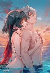1boy 1girl ai_generated animal_ears beach bikini black_hair bottomless cuddling female green_eyes hetero highres hug hug_from_behind in_water jane_doe_(zenless_zone_zero) kemonomimi kiss kissing kissing_neck side_view sunset wise_(zenless_zone_zero) zenless_zone_zero