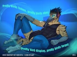 anthro avian balls beak bed bedroom bird black_latex blue_latex bodily_fluids brown_body bulge clothing drooling electronics english_text feathers furniture genitals hand_on_knee hand_on_leg headphones hi_res hypnosis latex latex_clothing latex_legwear latex_skinsuit latex_stockings legwear looking_at_viewer lying male mind_control muscular muscular_male music open_beak open_mouth peeking_balls rfta saliva scar skinsuit smile solo stockings tail text tight_clothing url