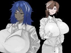 1futa 1girls 8!0ck blue_eyes blue_hair breasts_bigger_than_head bulge bulge_through_clothing clothed dark-skinned_female dark_skin erection erection_under_clothes grabbing_own_breast huge_breasts light-skinned_futa light_skin limbus_company massive_breasts ponytail project_moon rodion_(limbus_company) rufo_(limbus_company) smile sweat tied_hair