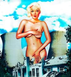 1girls 2016 big_breasts blonde_hair breasts embarrassed_nude_female female giantess macro nude retro_artstyle solo traditional_media_(artwork) woodywelch