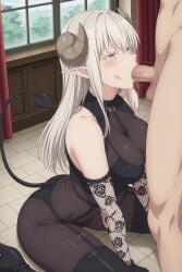 1boy 1girl 2.5_jigen_no_ririsa absurdres adult ai_assisted ai_generated bangs bare_shoulders big_breasts black_footwear black_gloves blush boots breasts clothed_female_nude_male covered_nipples demon_girl demon_horns demon_tail elbow_gloves explicit fellatio female gloves grey_hair hanyuu_mayuri heeven hetero highres horns indoors large_breasts long_hair male mature nude on_floor oral patreon patreon_username penis perfect_body pointy_ears red_eyes sitting solo_focus tail testicles thigh_boots thighhighs uncensored wariza white_hair window