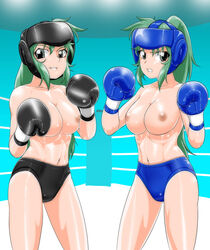 07th_expansion 2girls black_boxing_gloves black_boxing_headgear black_gloves black_headgear black_panties blue_boxing_gloves blue_boxing_headgear blue_gloves blue_headgear blue_panties boxing boxing_gloves boxing_headgear boxing_ring boxing_stance breasts duo female female_only green_eyes green_hair hair_between_eyes headgear higurashi_no_naku_koro_ni human human_only light-skinned_female light_skin lips long_hair long_ponytail looking_at_viewer mion_sonozaki mostly_nude multiple_girls nipples pale-skinned_female pale_skin panties ponytail pugilismx shiny_skin shion_sonozaki teeth thick thick_hips thick_thighs thighs tied_hair topless topless_boxing wide_hips