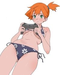 1girl asymmetrical_hair bikini bikini_bottom black_bikini black_swimsuit blue_bikini blue_swimsuit blush breasts cameltoe closed_mouth controller eyelashes floral_print game_controller green_eyes halterneck hands_up highres holding holding_controller holding_game_controller josival josivalart kasumi_(pokemon) medium_breasts misty_(pokemon) navel nintendo orange_hair pokemon pokemon_(anime) pokemon_(classic_anime) ponytail print_bikini print_swimsuit short_hair side-tie_bikini_bottom side-tie_clothing side-tie_swimsuit side_ponytail solo string_bikini swimsuit underboob