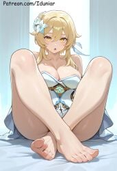 1girl :o ai_generated bangs bare_legs bare_shoulders barefoot blonde_hair blush breasts cleavage dress feet flower genshin_impact hair_between_eyes hair_flower hair_ornament hoyoverse iduniar large_breasts looking_at_viewer lumine_(genshin_impact) mihoyo open_mouth sitting solo thighs toes white_dress white_flower yellow_eyes
