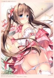 1girls ass blush breast breasts_out brown_hair exposed_breasts hair_ornament highres large_breasts long_hair maid maid_headdress maid_outfit maid_uniform melonbooks nipples original pan_(mimi) panties panties_down panty_pull parfait pussy_juice sideboob skirt_lift straight_hair tied_hair twintails wet