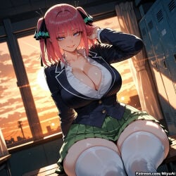 1girl ai_assisted ai_generated backlighting bangs black_ribbon blue_eyes blunt_bangs blush breasts cardigan cleavage collarbone collared_shirt curvaceous curvy curvy_female curvy_figure eyebrows_visible_through_hair female go-toubun_no_hanayome green_skirt hair_ornament hair_ribbon huge_breasts indoors jacket large_breasts long_sleeves looking_at_viewer miyuai nakano_nino pink_hair pleated_skirt quintessential_quintuplets ribbon school_uniform shirt short_hair sitting skirt smile solo sunset thick thick_ass thick_butt thick_hips thick_legs thick_thighs thighhighs thighs two_side_up voluptuous voluptuous_female white_legwear white_shirt wide_hips wide_thighs