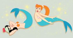 2girls arika_(peter_pan) black_hair blonde_hair blue_eyes breasts chelan_(peter_pan) disney female female_only mermaid multiple_girls peter_pan peter_pan_(disney) ponytail seashell_bra topless