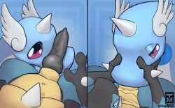 animal_genitalia anthro black_body black_fur black_penis blue_body blue_fur blue_scales canid canine clenched_teeth dragonair duo first_person_view fur generation_1_pokemon generation_4_pokemon genitals grabbing_head half-closed_eyes hi_res horn knot knotted_penis knotting looking_at_viewer looking_down lucario male male/male mammal narrowed_eyes navel nintendo oral oral_knotting oral_penetration penetration penis pokemon pokemon_(species) purple_eyes scales scalie sheath simple_background snout snout_grab spikes spikes_(anatomy) teeth tenge_mage vein veiny_penis wings yellow_body yellow_fur