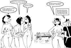 2024 alexia_minkworthy angry anthro bella_minkworthy beverage black_and_white breasts canid canine canis celina_minkworthy clipboard domestic_cat domestic_dog drinking_straw drinking_straw_in_mouth english_text felid feline felis female genitals group hair hair_over_eye machine male mammal mink monochrome mother_minkworty mustelid musteline navel nipples nude nude_female robot robota_(tegerio) roocat_(character) tegerio text true_musteline vulva whisker_spots whiskers worried worried_look