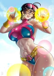 1girls abdomen abs adapted_costume asian_female bare_shoulders big_breasts bikini black_hair blue_clothing breasts curvy_body curvy_female curvy_figure curvy_hips earrings eyewear eyewear_on_head grin hips jubilee jubilee_(marvel_rivals) light-skinned_female light_skin lipstick marvel marvel_comics marvel_rivals mole_under_eye muscular_abs mutant_(marvel) navel pink_clothing pink_eyewear revealing_clothes short_hair smile solo swimsuit thick_hips thick_legs thick_thighs tinted_eyewear two-tone_clothing two_piece_swimsuit valenvenge wide_hips yellow_eyes