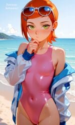 ai_generated beach ben_10 blush cute green_eyes gwen_tennyson looking_at_viewer mature_female orange_hair paid_reward_available patreon petite sebassart sexy short_hair solo solo_female sunny sweat swimsuit swimwear thin_waist thong tight_clothing topwear