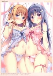 2girls asymmetrical_docking babydoll blue_hair blush braid braided_hair breast brown_hair cameltoe dress hair_ornament highres large_breasts lingerie long_hair melonbooks nipple_bulge nipple_slip nipples nipples_visible_through_clothing no_panties onsen original pan_(mimi) panties see-through see-through_lingerie straight_hair tied_hair