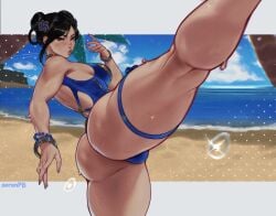 1girls 2d aoranpb ass beach beach_background breasts brown_hair chun-li female female_only light-skinned_female light_skin solo solo_female standing standing_on_one_leg street_fighter sweat swimsuit tagme thighs