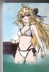1girls bikini blonde_hair blush breasts cleavage cure_arcana_shadow highres legs long_hair looking_at_viewer medium_breasts o-ring o-ring_bikini open_mouth pink_lips pool precure pretty_cure red_eyes side-tie_bikini_bottom solo swimsuit teeth thighs thong_bikini tongue traditional_media very_long_hair water white_bikini