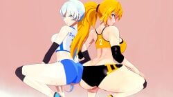 2girls blonde_female blonde_hair blue_eyes gym gym_clothes gym_uniform long_hair long_hair_female nakadashi_(artist) purple_eyes rwby squatting weiss_schnee white_hair white_hair_female yang_xiao_long