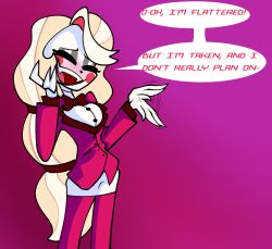 1girls blush breasts charlie_morningstar_(hazbin_hotel) closed_eyes clothed clothed_female clothing color dialogue english_text female female_focus female_only fully_clothed hazbin_hotel hellaverse open_mouth open_smile rejection smile standing text tweedleevil twitter_link vivziepop