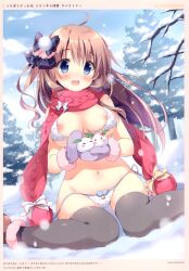 1girls areola_slip bikini bikini_aside bikini_bottom bikini_top blush breast breasts_out brown_hair cameltoe hair_ornament highres large_breasts long_hair melonbooks nipple_slip nipples open_bikini open_bikini_top original pan_(mimi) panties scarf side-tie_bikini sitting snow straight_hair