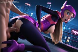 1boy 1girl ai_generated ass blue_eyes bodysuit breasts city hetero hi_res high_heels high_quality high_resolution honey_lemon long_hair marvel_comics medium_breasts night nipples patreon penis pussy seductive sex sexy solo_focus spicytoonai testicles torn_clothes uncensored vaginal watermark