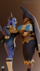 3d 3d_(artwork) 3d_model absurd_res anthro anubis_(pal) big_breasts blue_body blue_fur blue_hair breast_squish breasts butt curvy_figure dialogue domestic_cat duo english_text eyelashes felid feline felis female fur hair hi_res huge_breasts mammal markings pal_(species) palmorph palworld pocketpair red_eyes rule_63 sekhmet_(pal) simple_background squish stripes tail text thick_thighs voluptuous wide_hips yellow_body yellow_fur