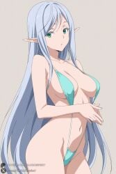 1female 1girl 1girls 2026 ai_generated artist_name big_ass big_breasts blue_hair breasts collarbone colored_eyelashes cowboy_shot curvy elf elmesia_el_ru_sarion green_eyes grey_background hi_res high_quality high_resolution highres huge_ass huge_breasts large_breasts long_hair looking_at_viewer medium_breasts navel one-piece_swimsuit patreon patreon_username pointy_ears simple_background slingshot_swimsuit solo swimsuit tensei_shitara_slime_datta_ken unjobdespiert very_long_hair watermark web_address