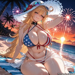 1girl ai_assisted ai_generated american_flag_bikini bangs barefoot beach bikini blonde_hair blue_eyes blush breasts cleavage curvaceous curvy curvy_female curvy_figure escoffier_(genshin_impact) female fireworks flag_print genshin_impact hair_ornament hat huge_breasts large_breasts long_hair looking_at_viewer miyuai navel night ocean outdoors palm_tree sand sarong shore sitting sky smile solo straw_hat sun sun_hat sunset swimsuit symbol-shaped_pupils thick thick_ass thick_butt thick_hips thick_legs thick_thighs thighs tree voluptuous voluptuous_female water wet wide_hips wide_thighs