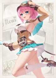 alternate_costume armpits artist_request ass blue_eyes breasts charlotte_(genshin_impact) clothing genshin_impact pink_hair skirt socks stockings tagme_(artist) thighs