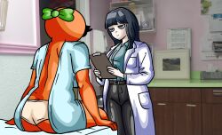 2girls ass ass_crack chetoh clothed clothed_female doctor female female_doctor female_focus female_only grey_eyes hospital hospital_room leaf leaf_hair looking_at_another mandy_(chetoh) oc orange orange_body original original_character original_characters panties pants rear_view shirt sitting smiling