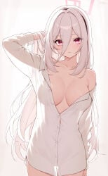 1girls blue_archive bottomless cleavage female female_focus female_only hand_on_head high_resolution highres kei_(blue_archive) large_breasts looking_at_viewer origami0703 pink_eyes shirt solo standing unbuttoned_shirt white_hair