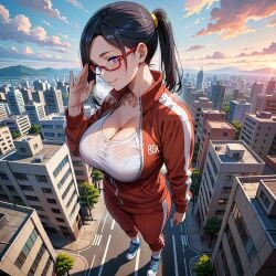 ai_generated buildings demi-chan_wa_kataritai giantess satou_sakie sweaty tracksuit