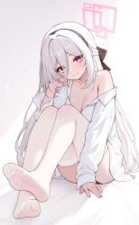 1girls bare_shoulders blue_archive breasts cleavage feet feet_visible_through_clothing female female_focus female_only headband high_resolution highres kei_(blue_archive) large_breasts legwear looking_at_viewer no_bra origami0703 pink_eyes shirt sitting smile solo thighhighs thighs white_hair